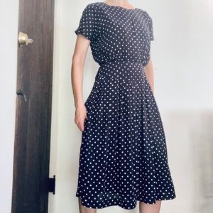Tea Length Navy Pretty Woman Style Corrine Polka Dot Vintage 80’s Dress